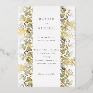 Invitación Con Relieve Metalizado Relieve metalizado dorado y hojas de acuarela boda