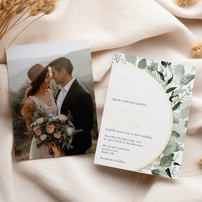 Invitación Con Relieve Metalizado RELIEVE METALIZADO Eucalyptus Gold Monograma Boda  (Subido por el creador)