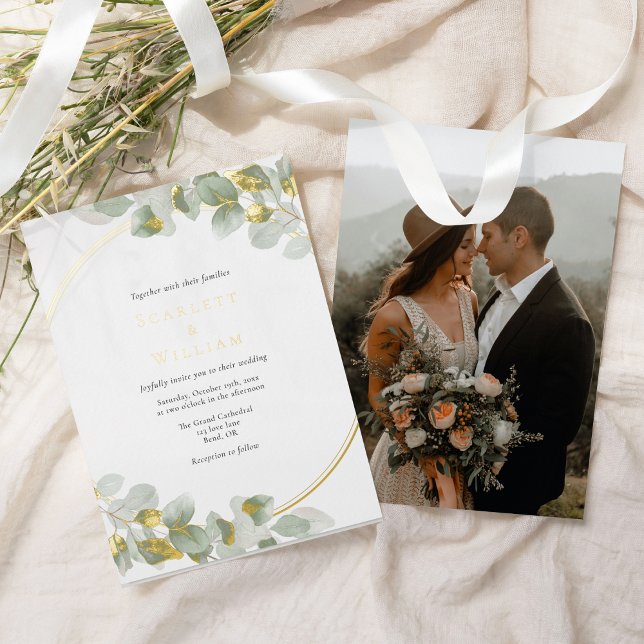 Invitación Con Relieve Metalizado RELIEVE METALIZADO Eucalyptus Greenery Gold Boda d (Subido por el creador)