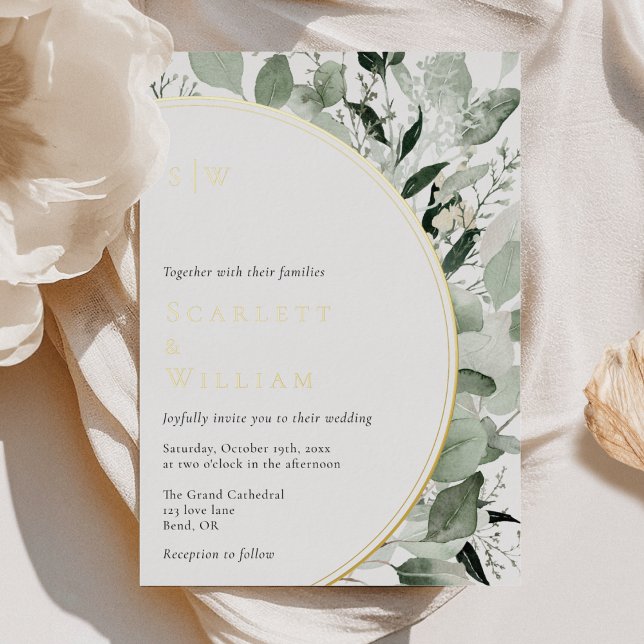 Invitación Con Relieve Metalizado RELIEVE METALIZADO Eucalyptus Greenery Gold Monogr (Subido por el creador)