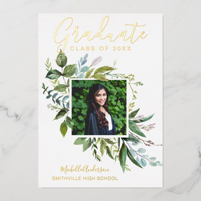 Invitación Con Relieve Metalizado Relieve metalizado Greenery Gold Photo Graduation  (Anverso)