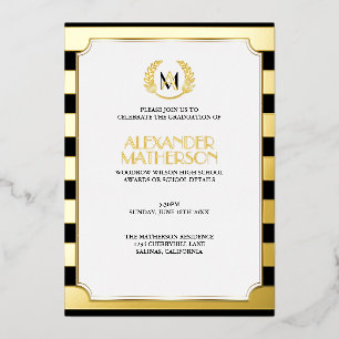 Invitación Con Relieve Metalizado Relieve metalizado Laurel Monogramado Negro y Grad