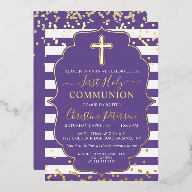 Invitación Con Relieve Metalizado Relieve metalizado Lavanda de oro Tiras púrpura Pr (Anverso/Reverso)