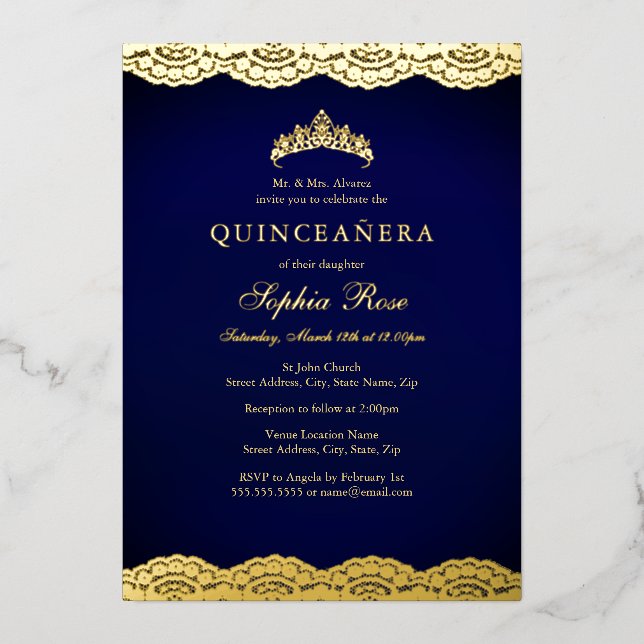 Invitación Con Relieve Metalizado Relieve metalizado Navy Gold Lace Tiara Quinceaner (Anverso)