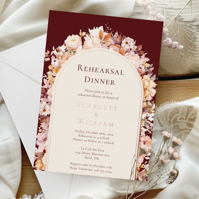 Invitación Con Relieve Metalizado RELIEVE METALIZADO Otoño Borgoña Boda Ensayo Cena (Subido por el creador)