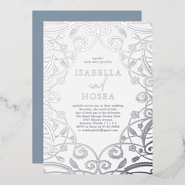 Invitación Con Relieve Metalizado Relieve metalizado plateado azul turbio Boda de en (Anverso/Reverso)