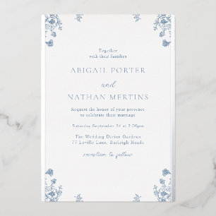 Invitación Con Relieve Metalizado Relieve metalizado plateado de Boda floral azul vi