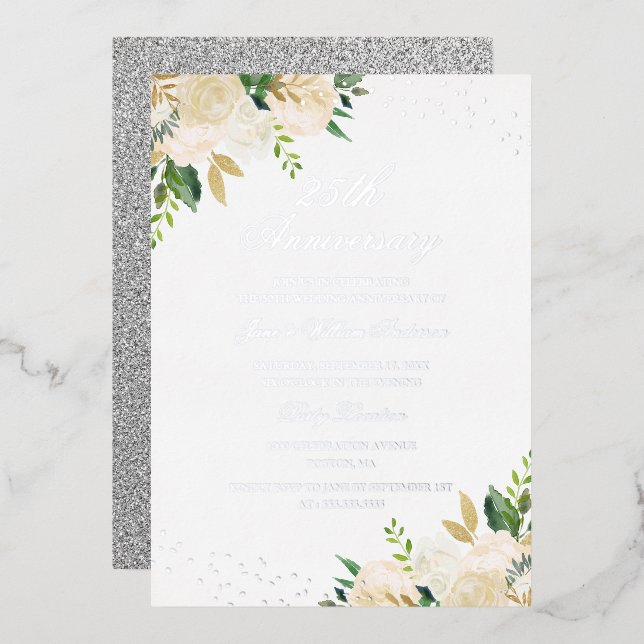 Invitación Con Relieve Metalizado RELIEVE METALIZADO PLATEADO Floral 25º aniversario (Anverso/Reverso)