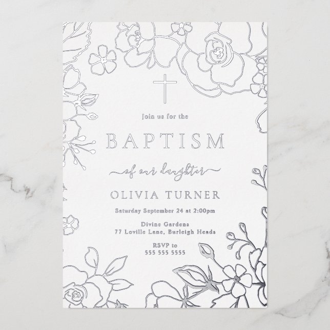 Invitación Con Relieve Metalizado Relieve metalizado plateado Floral Boy O Baptismo  (Anverso)