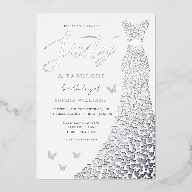 Invitación Con Relieve Metalizado Relieve metalizado plateado Heart Gown 60 cumpleañ (Anverso)