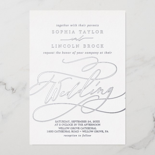 Invitación Con Relieve Metalizado Relieve metalizado plateado romántico caligrafía f (Anverso)