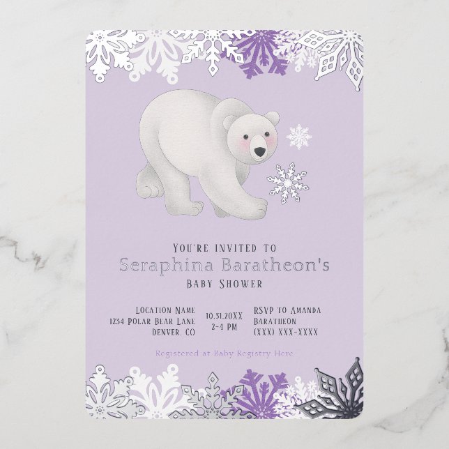 Invitación Con Relieve Metalizado Relieve metalizado plateado Snowflake Polar Purple (Anverso)