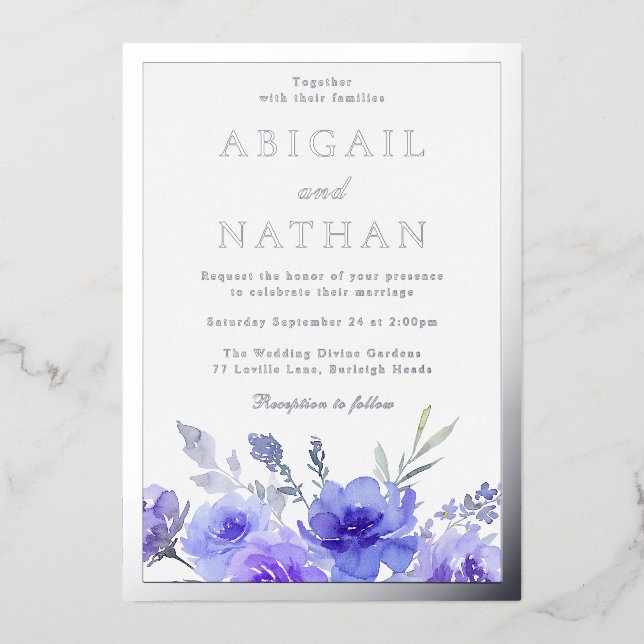 Invitación Con Relieve Metalizado Relieve metalizado plateado Violet Purple Floral B (Anverso)