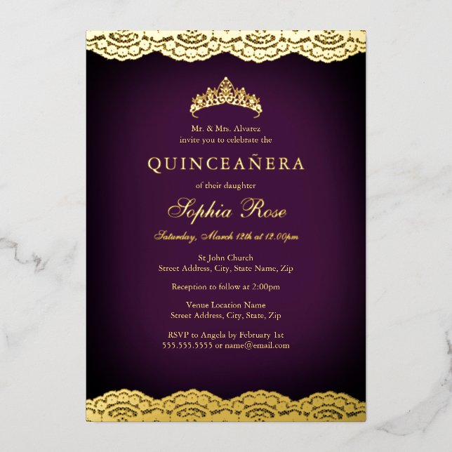 Invitación Con Relieve Metalizado Relieve metalizado Purple Gold Lace Tiara Quincean (Anverso)