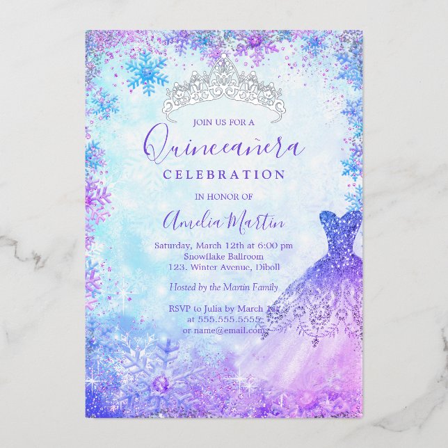 Invitación Con Relieve Metalizado Relieve metalizado Quinceanera azul rosa púrpura d (Anverso)