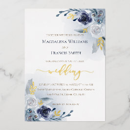 Invitación Con Relieve Metalizado Relieve metalizado real detalles azul rosas de acu