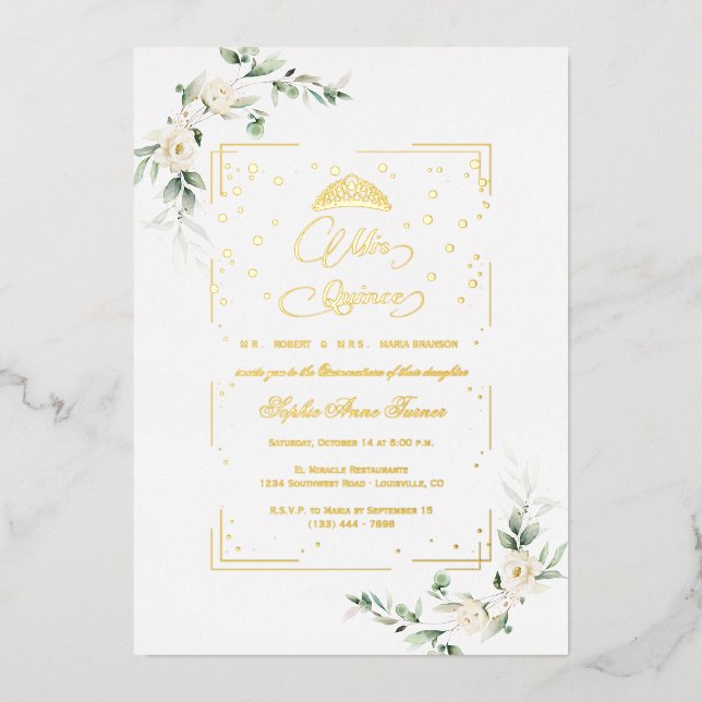 Invitación Con Relieve Metalizado RELIEVE METALIZADO REAL Floral Blanca Mis Quince Q (Anverso)