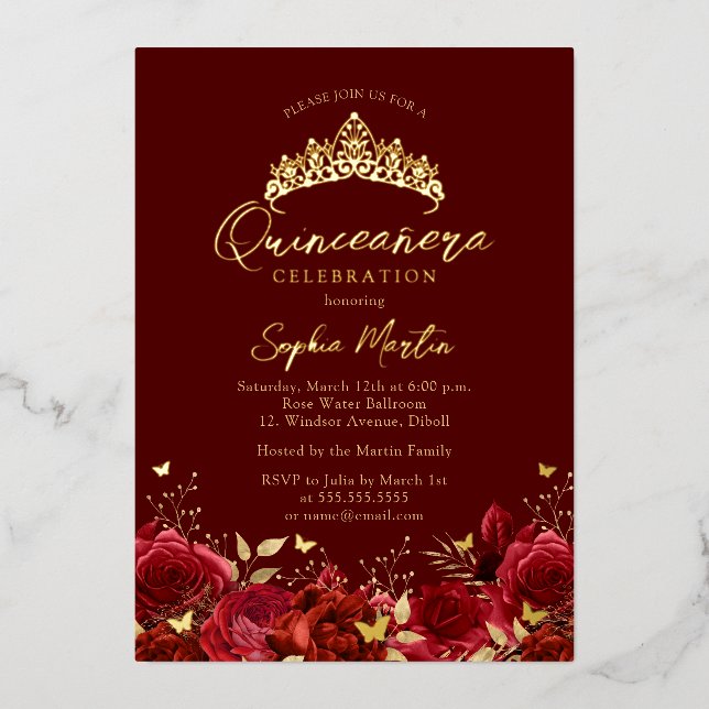 Invitación Con Relieve Metalizado Relieve metalizado real mariposa floral roja Tiara (Anverso)