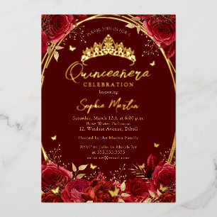 Invitación Con Relieve Metalizado Relieve metalizado real Mariposa Rojo Floral Tiara