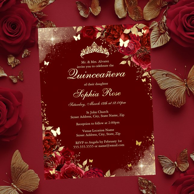 Invitación Con Relieve Metalizado Relieve metalizado Red Gold Butterfly Floral Quinc (Subido por el creador)