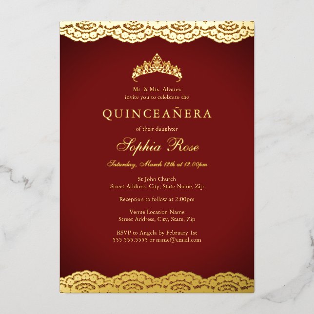 Invitación Con Relieve Metalizado Relieve metalizado Red Gold Lace Tiara Quinceanera (Anverso)