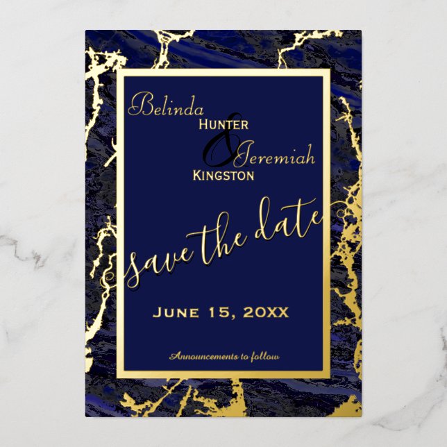 Invitación Con Relieve Metalizado Relieve metalizado y azul marino 5" x 7" Boda Guar (Anverso)