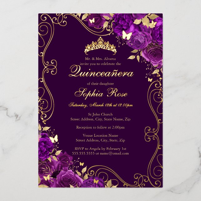 Invitación Con Relieve Metalizado Remolino Floral Mariposa Púrpura Quinceañera (Anverso)