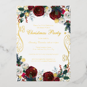 Invitación Con Relieve Metalizado Remolino Floral Rojo Dorado Fiesta de Navidad 