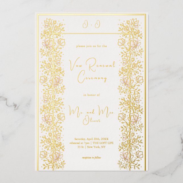 Invitación Con Relieve Metalizado Renovación de Votos de Magnolia Rosa (Anverso)