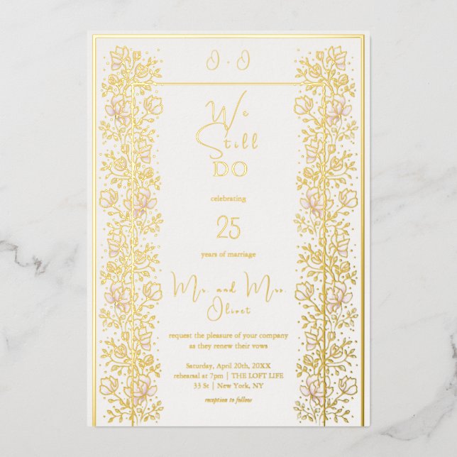 Invitación Con Relieve Metalizado Renovación del voto de la magnolia rosada 25 años (Anverso)