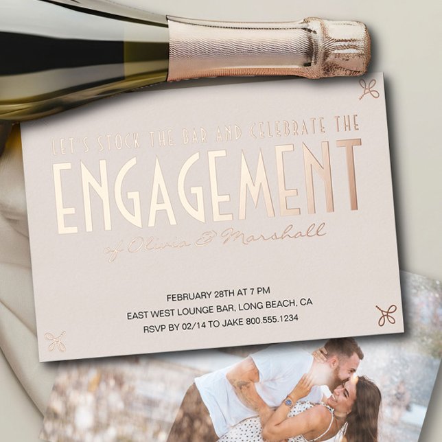 Invitación Con Relieve Metalizado Reserve el Rosa de oro del Bar Engagement Party (Rose Gold Foil Engagement Photo Invite from Engagement Party Invitations collection by Darling & May)