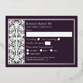 Invitación Con Relieve Metalizado Respuesta de Boda Espada Floral Medieval Berenjena