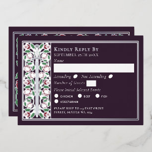 Invitación Con Relieve Metalizado Respuesta de Boda Espada Floral Medieval Berenjena