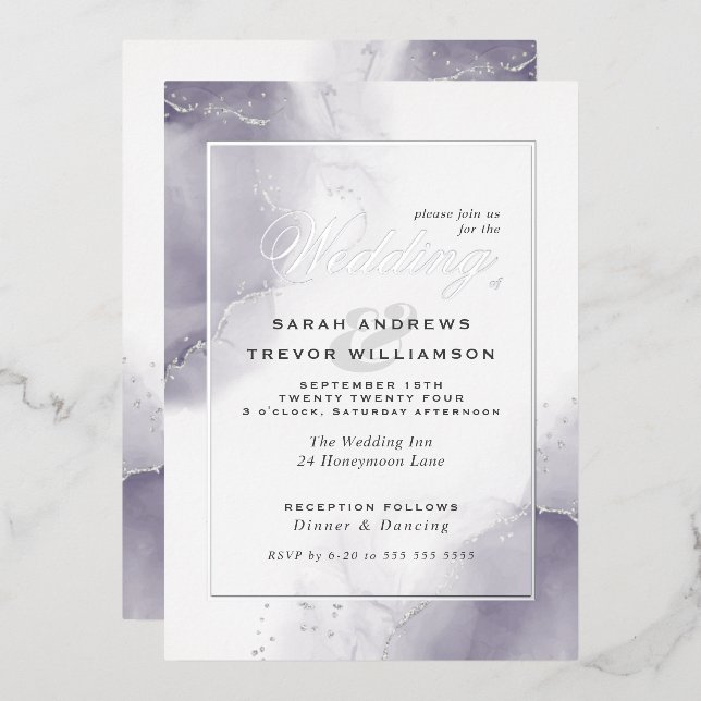 Invitación Con Relieve Metalizado Resumen boda Pale Plum Silver (Anverso/Reverso)