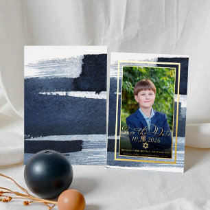 Invitación Con Relieve Metalizado Resumen El bar fotográfico azul Mitzvah Salva la f