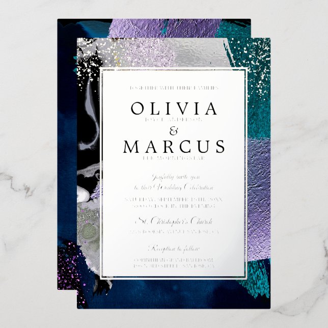 Invitación Con Relieve Metalizado Resumen Elegante Pincel de Lilac Verde azulado (Anverso/Reverso)