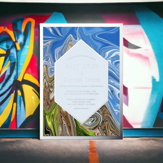 Invitación Con Relieve Metalizado Resumen mínimo Boda de naturaleza verde azul plate (Subido por el creador)