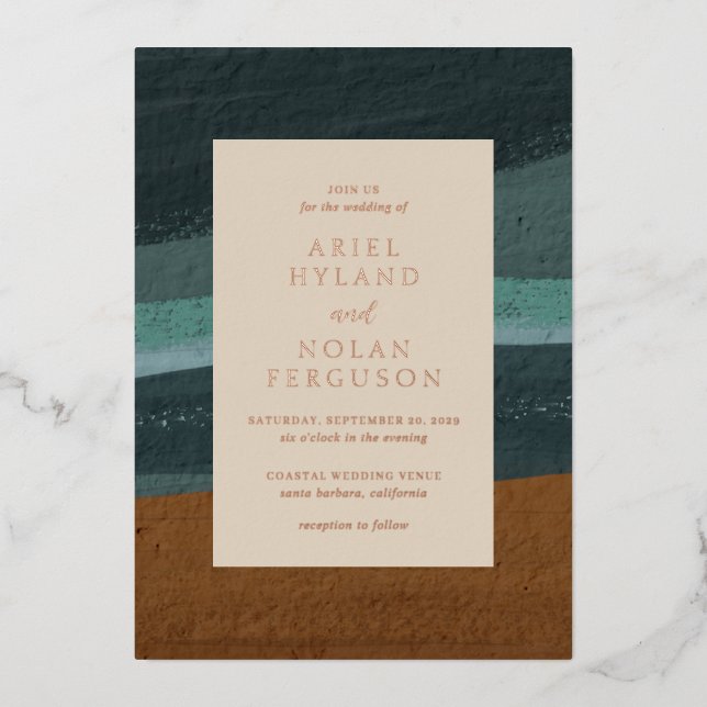 Invitación Con Relieve Metalizado Resumen Moda costera Boda moderno (Anverso)
