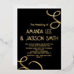 Invitación Con Relieve Metalizado Resumen Swirls Black and Gold Boda