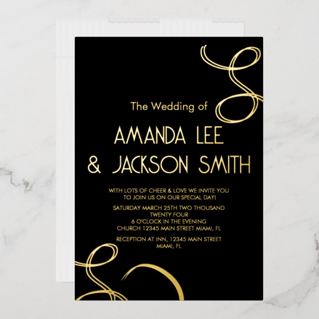 Invitación Con Relieve Metalizado Resumen Swirls Black and Gold Boda (Sobre)