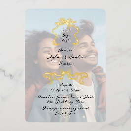 Invitación Con Relieve Metalizado Retro dobla Doodle Black Gold Overlay Photo Boda