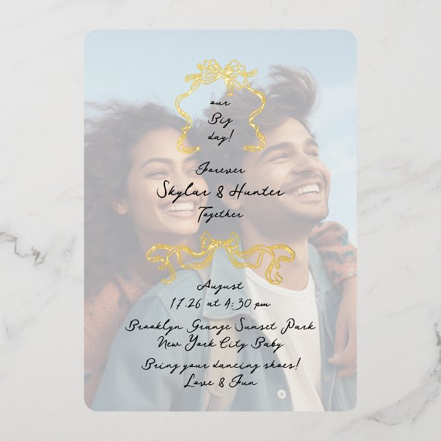 Invitación Con Relieve Metalizado Retro dobla Doodle Black Gold Overlay Photo Boda (Anverso)