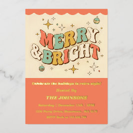 Invitación Con Relieve Metalizado Retro Groovy Merry & Bright Christmas Party