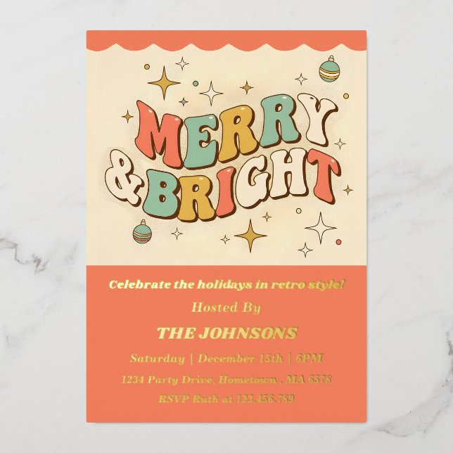 Invitación Con Relieve Metalizado Retro Groovy Merry & Bright Christmas Party (Anverso)
