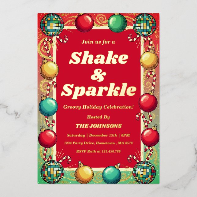 Invitación Con Relieve Metalizado Retro Groovy Shake & Sparkle Holiday Party  (Anverso)
