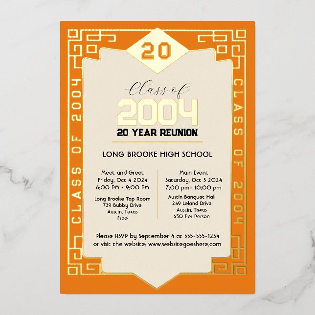 Invitación Con Relieve Metalizado Reunión de la Clase Elegante de 2004 20 Años de Se (Anverso)