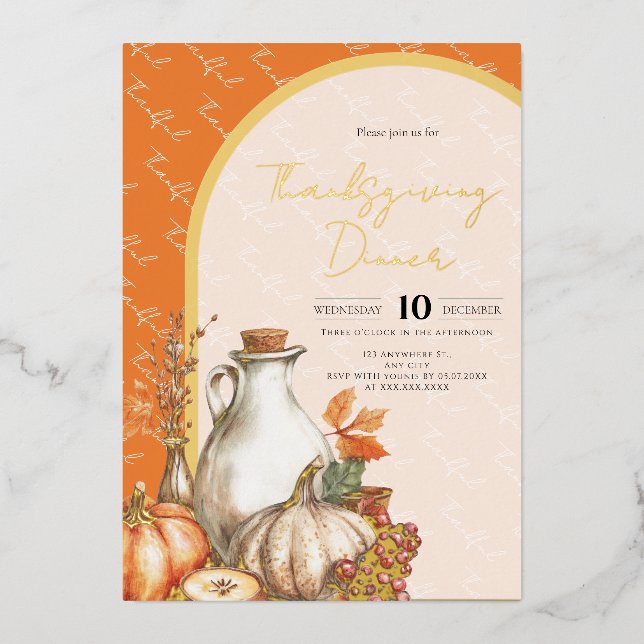 Invitación Con Relieve Metalizado Reunión familiar en la cena de Acción de Gracias (Anverso)