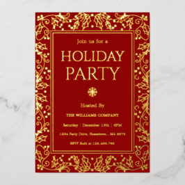Invitación Con Relieve Metalizado Reunión navideña minimalista roja y dorada