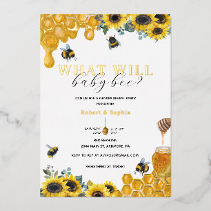 Invitación Con Relieve Metalizado Revelación de género de abeja acuarela dorada