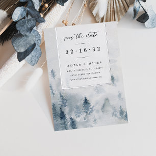 Invitación Con Relieve Metalizado Reverie Invernal   Bosque de Acuarela Save the Dat